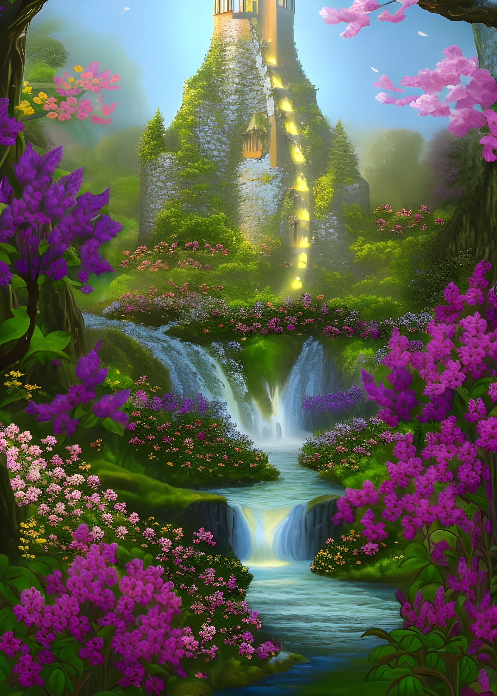 Elven Tower in Woodland Setting with Colorful Flowers