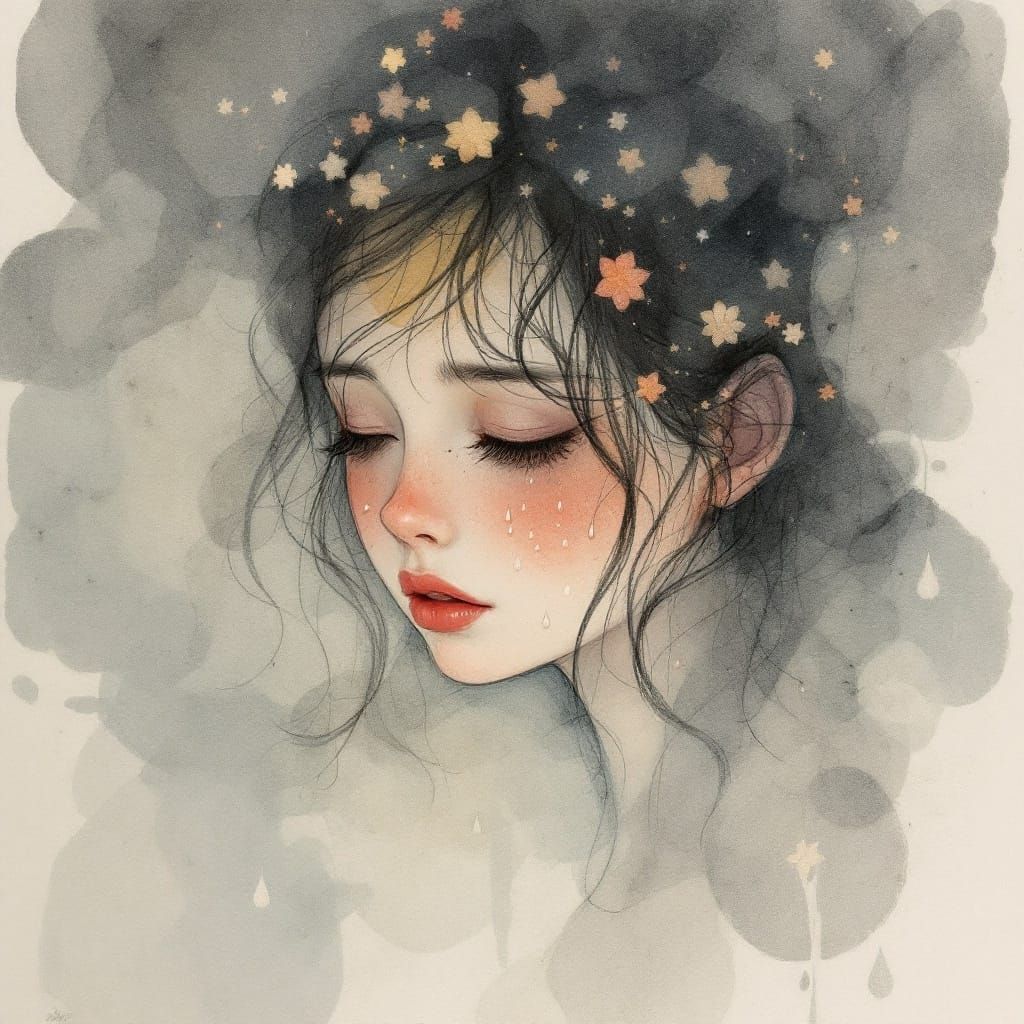 Glistening Teardrop Reflects Sadness in Watercolor Style