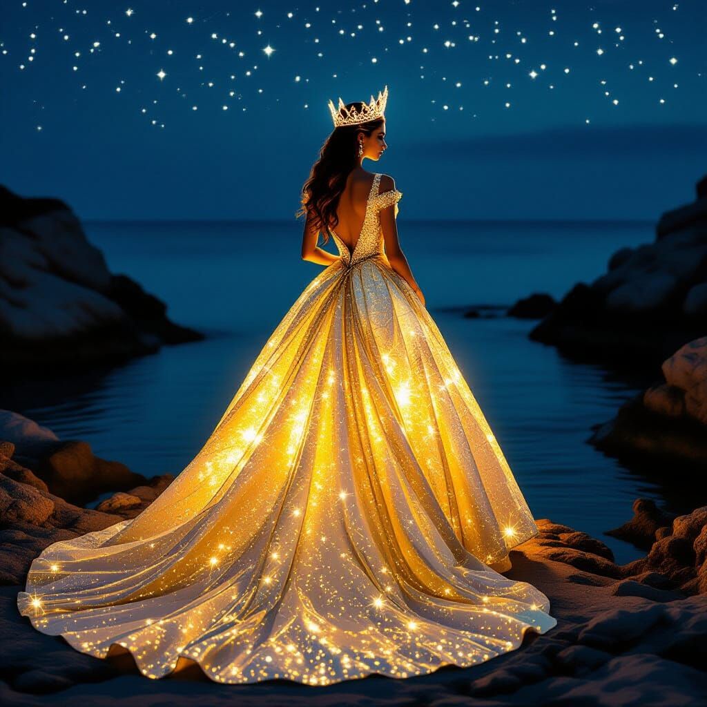 Golden Gown Woman on Cliffs Under Starry Night Sky