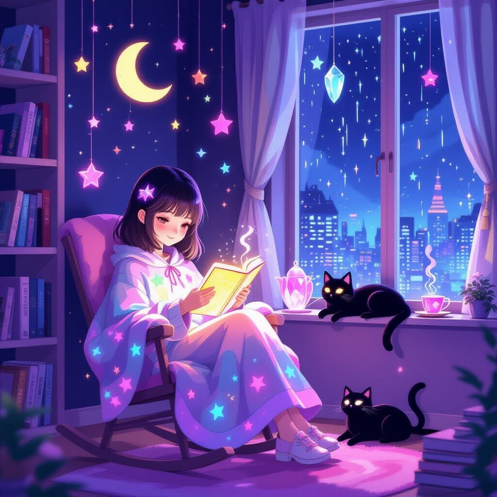 Japanese Girl Reading in Enchanted Neon Nook