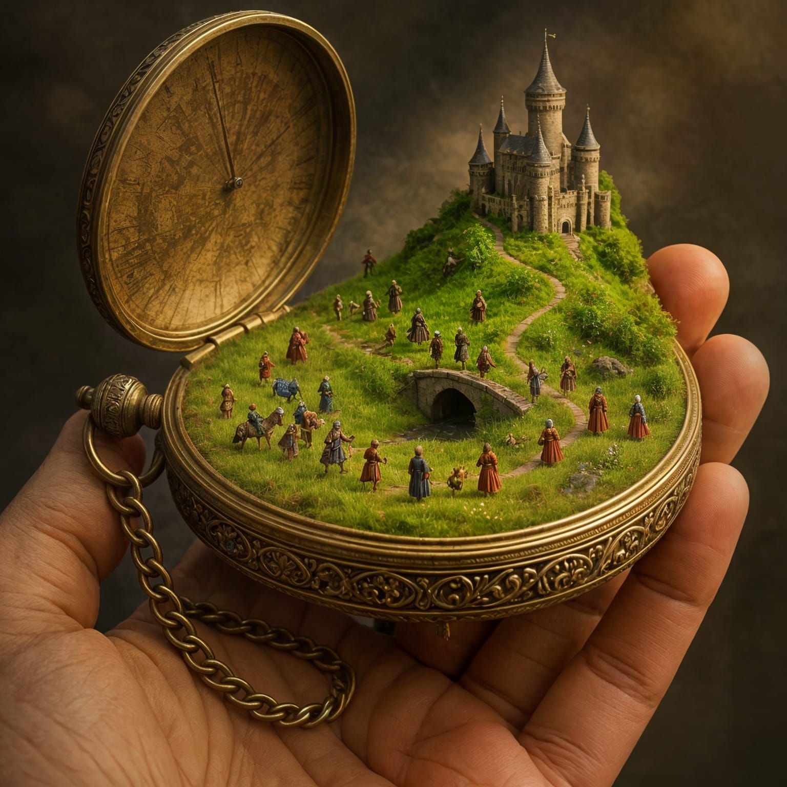 Miniature World in Pocket Watch, 3D Render