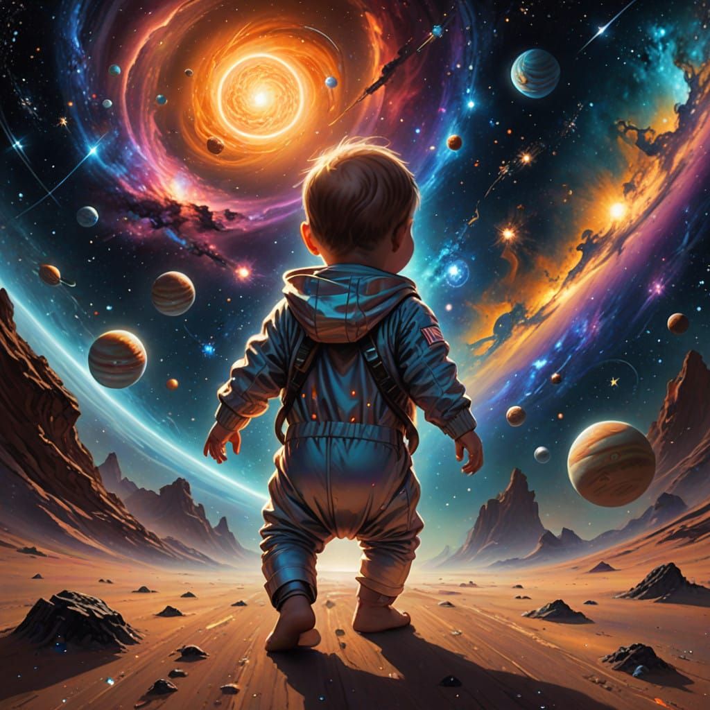 Surreal Cosmic Baby Takes First Steps Among Glowing Nebulae