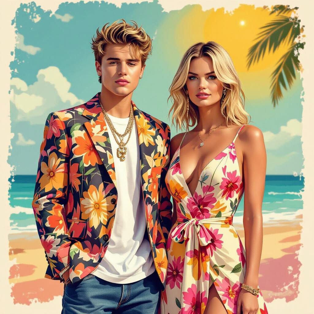 Justin Bieber & Margot Robbie in Dreamlike, Vibrant Setting