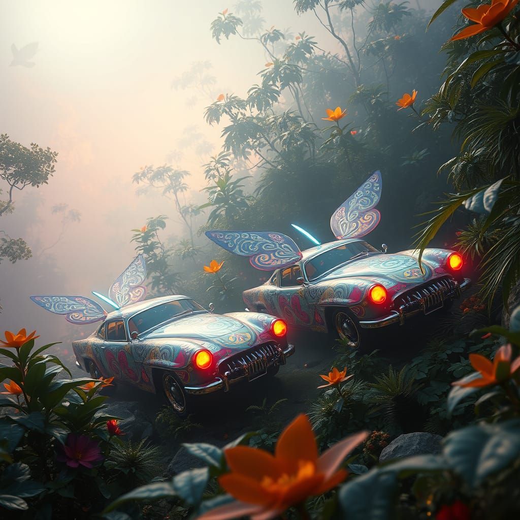 Ethereal Siren Cars in Dreamlike Landscape