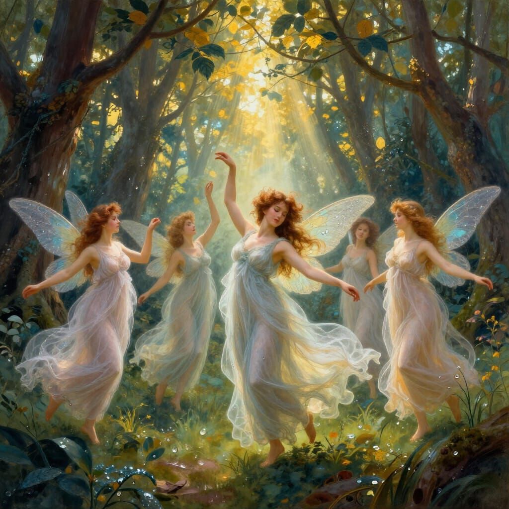 Ethereal Nymphs Dancing in Sunlit Forest