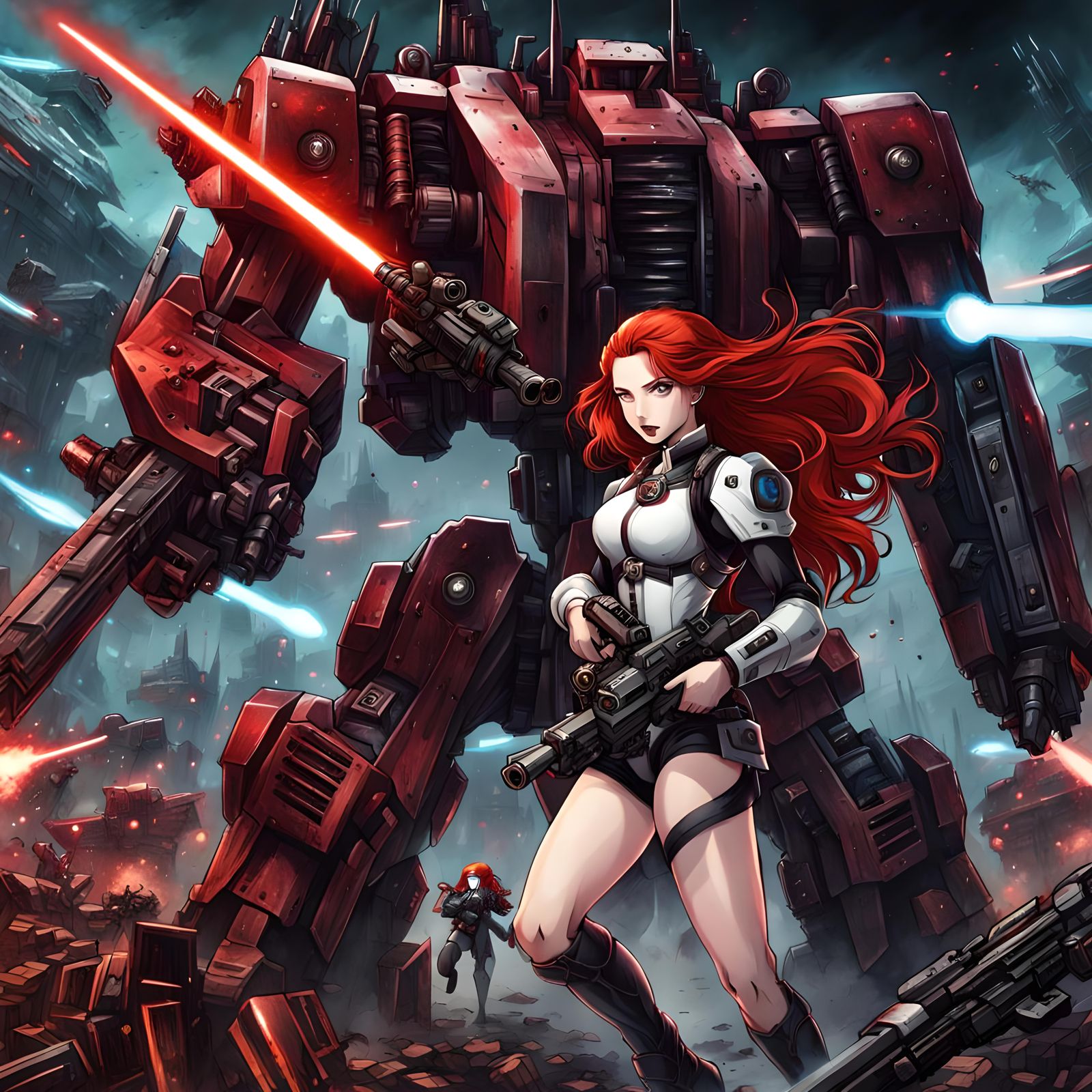 Redhead Girl Battles Mech in Junji Ito Manga Style