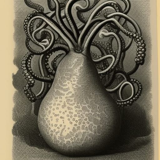 Steampunk Pear Robot with Tentacles, Lithograph