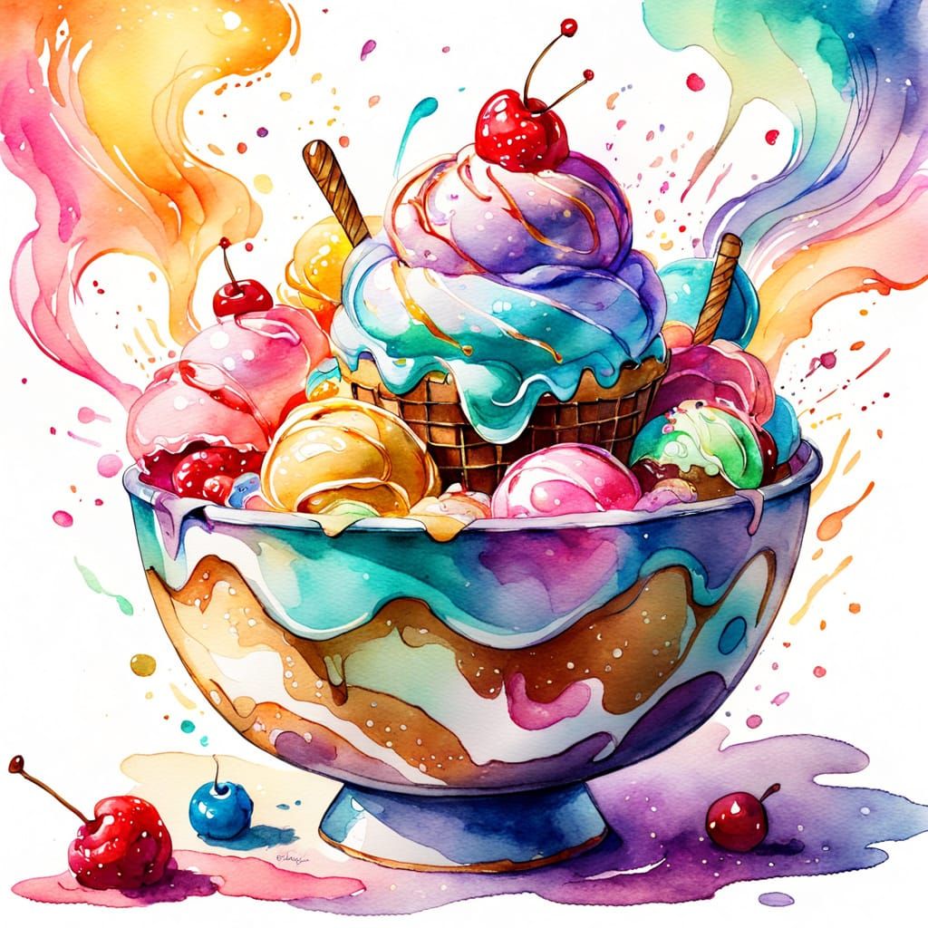 Fantasy Ice Cream: Whimsical Watercolor Dreamscape