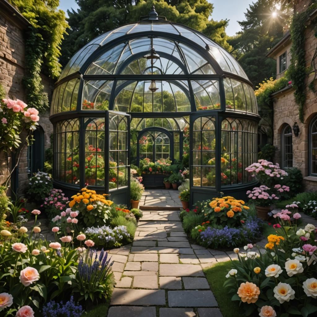 Picturesque Garden Courtyard with Glass Greenhouse