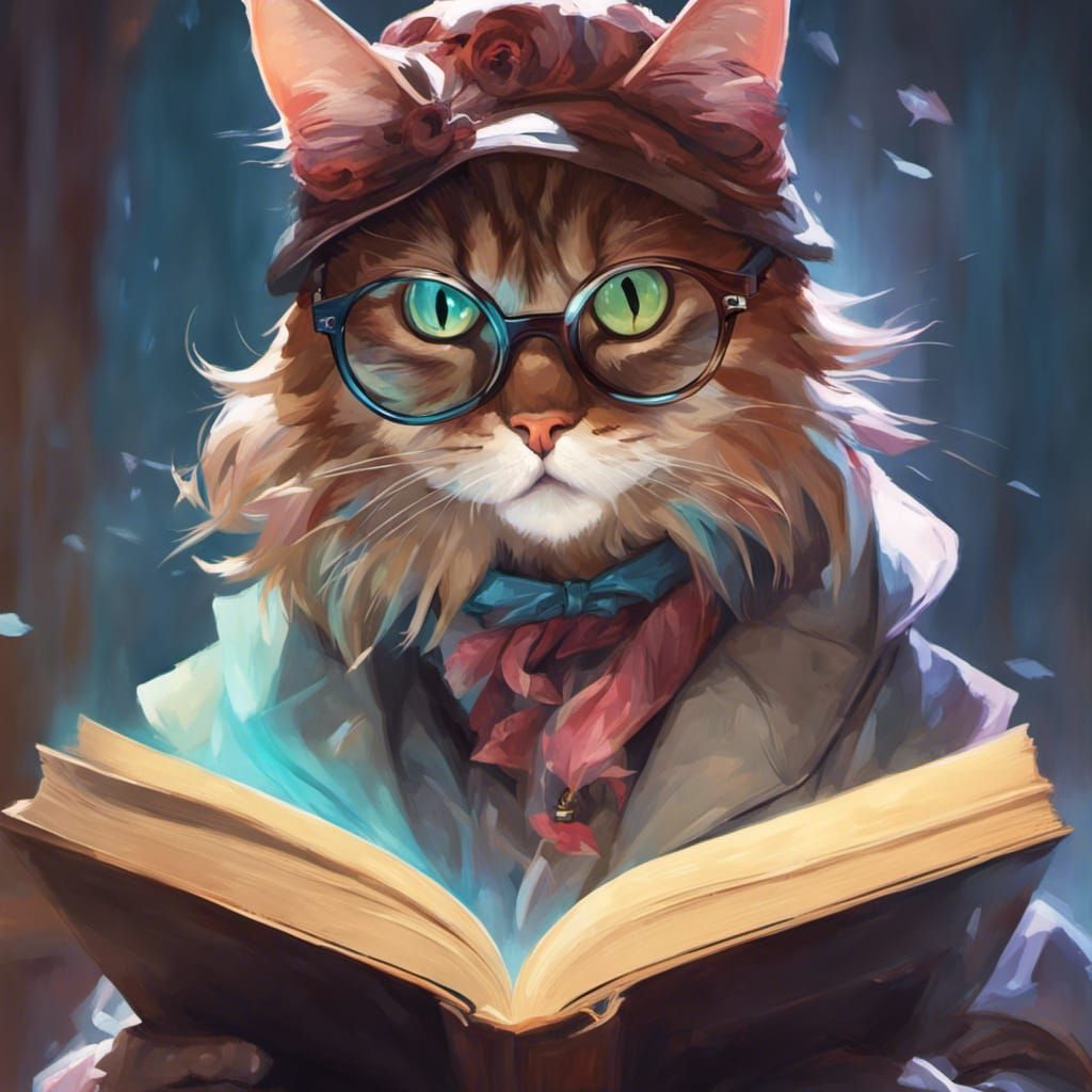 Cat Reads Book: Romantic Portrait in Hyperdetailed Style