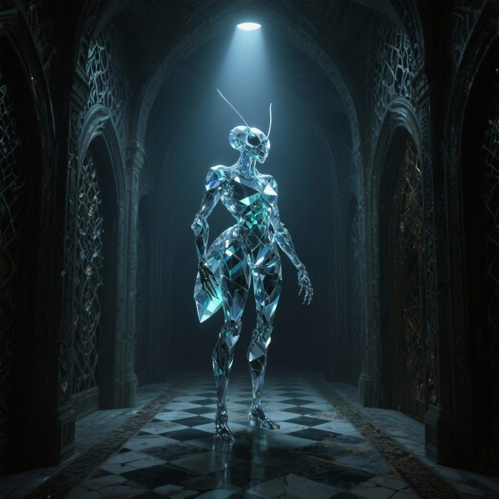 Crystalline Insectoid in Gothic Hallway