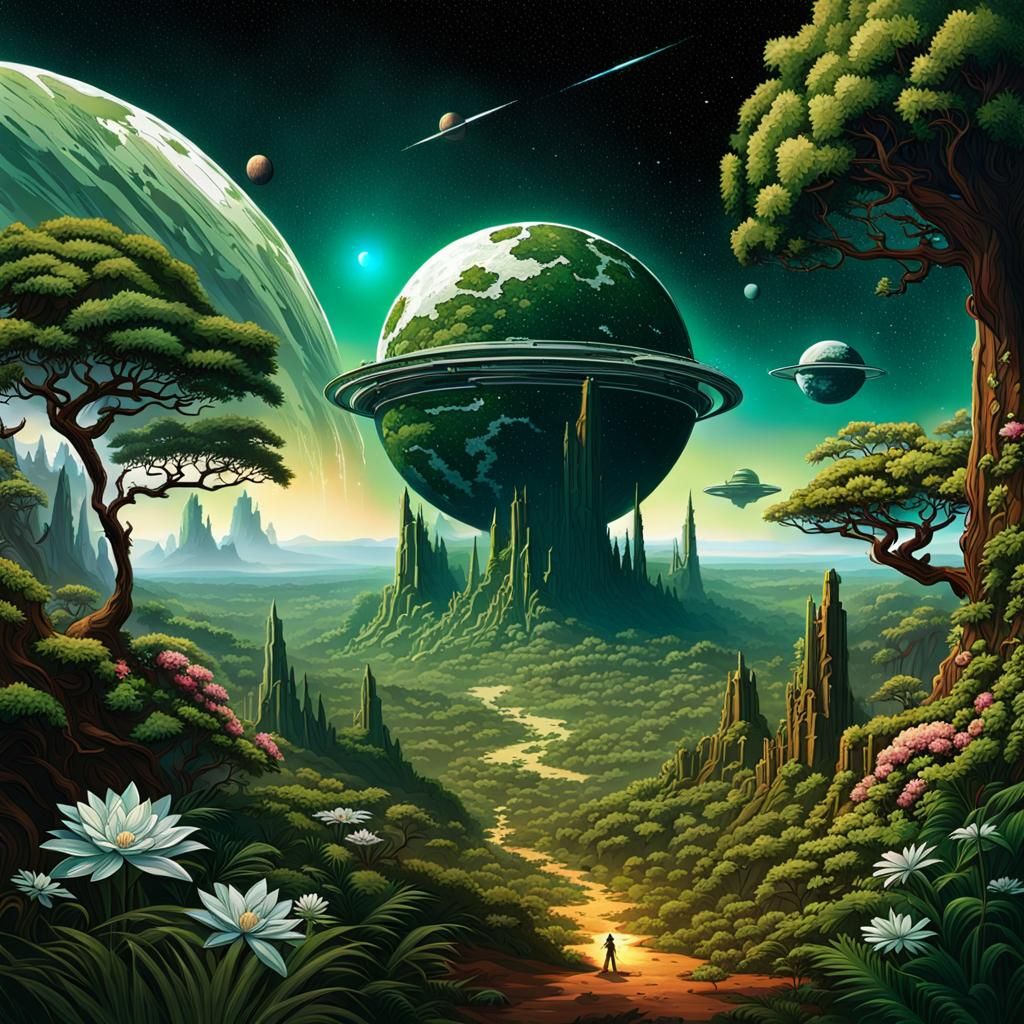 Fantasy Forest Scenery with Planets