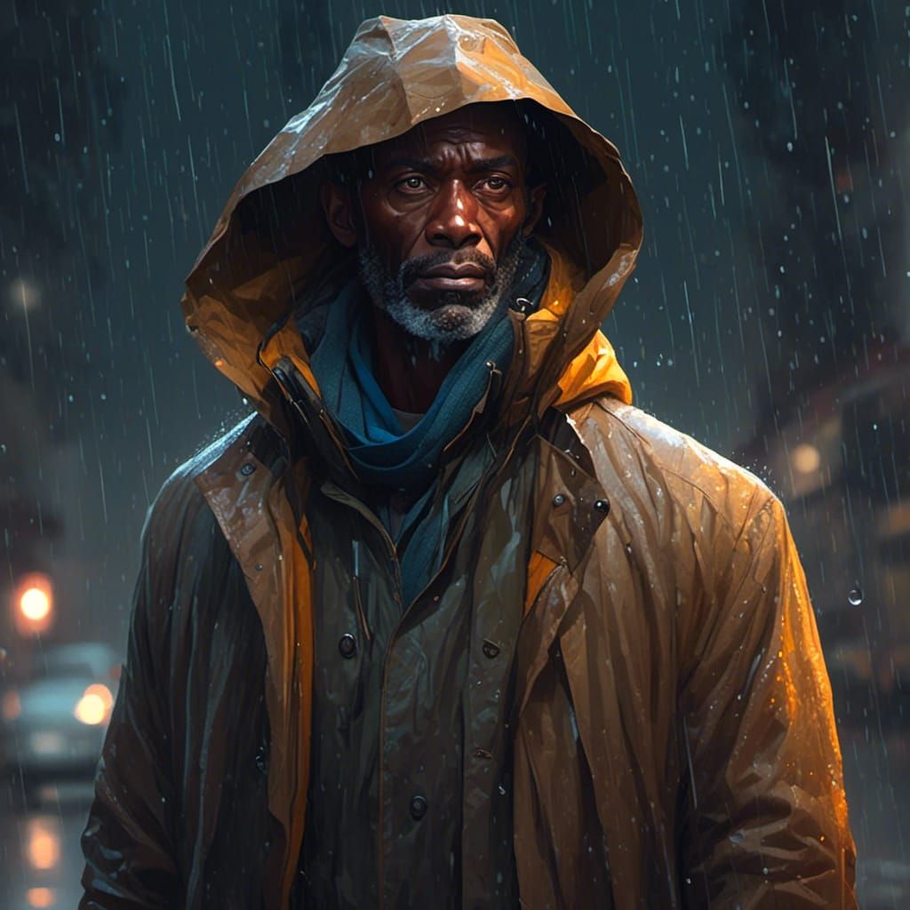 Hopeful Man in Rainy Forest Village, Hyperdetailed Portrait
