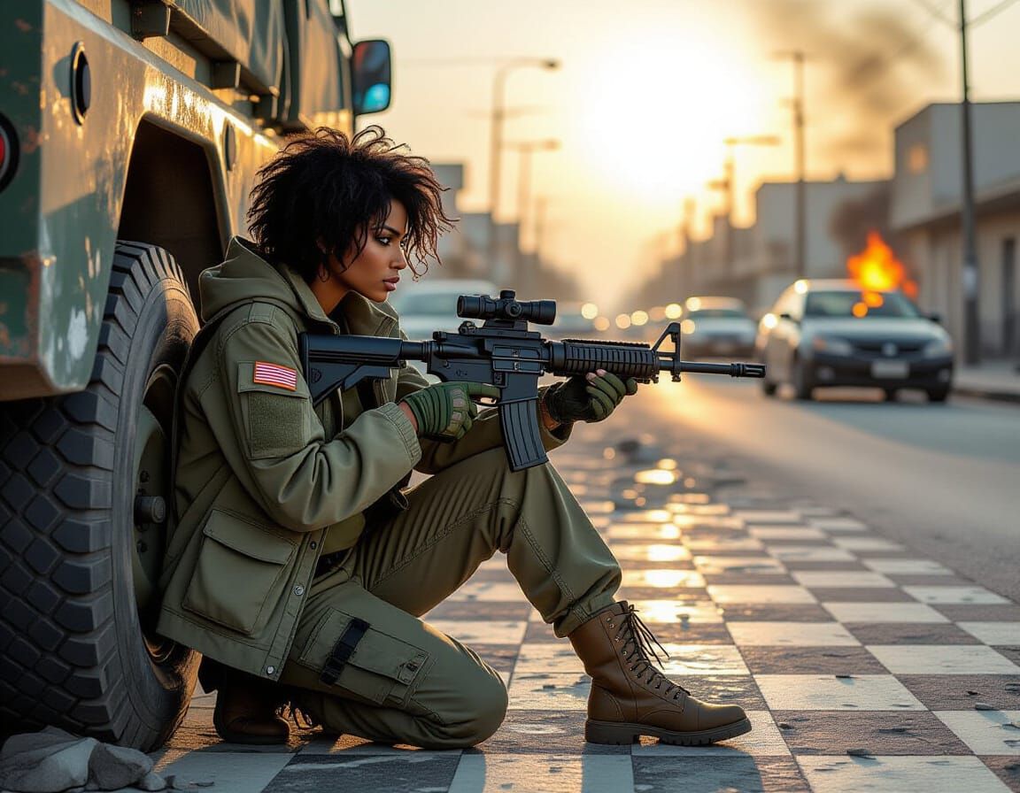 African American Woman with Rifle in War-Torn Street