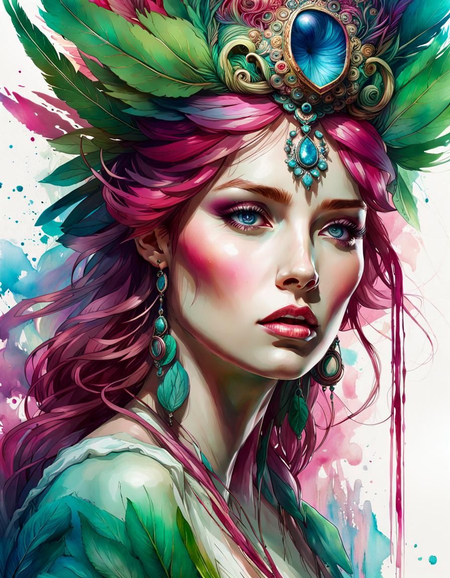 Ethereal Goddess in Stylized Watercolor Illustration