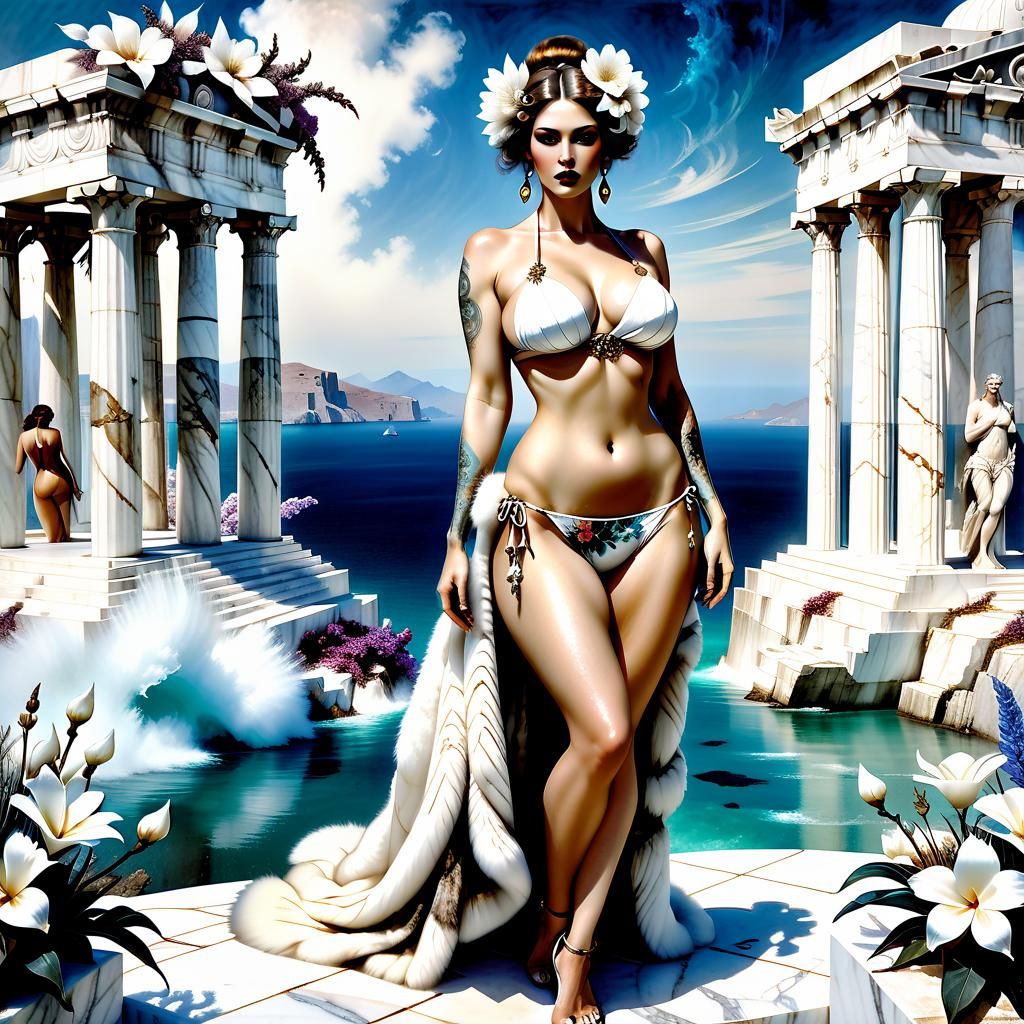 Pin-Up Woman in Greek Temple, Fantastical Art
