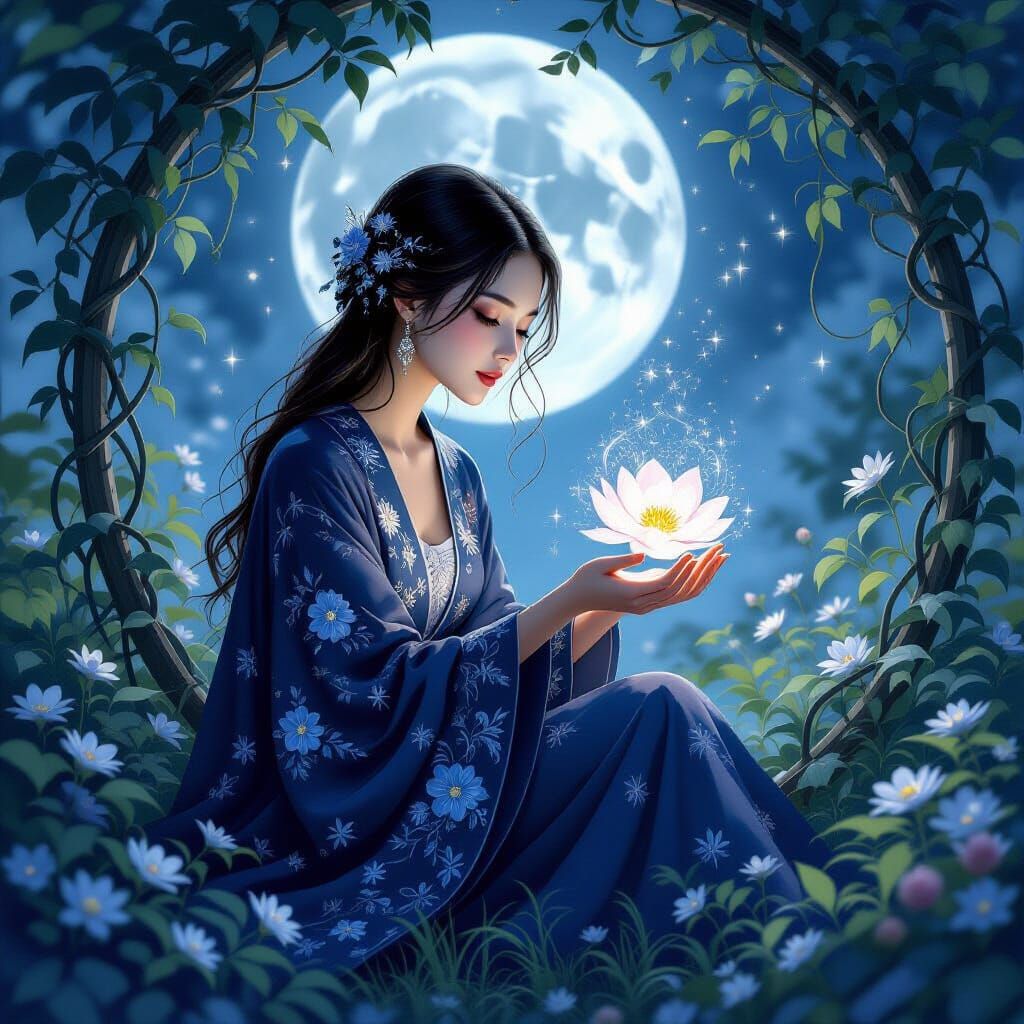 A graceful figure seated in a garden under silver moonlight, wearing a robe of embroidered midnight florals and stardust...