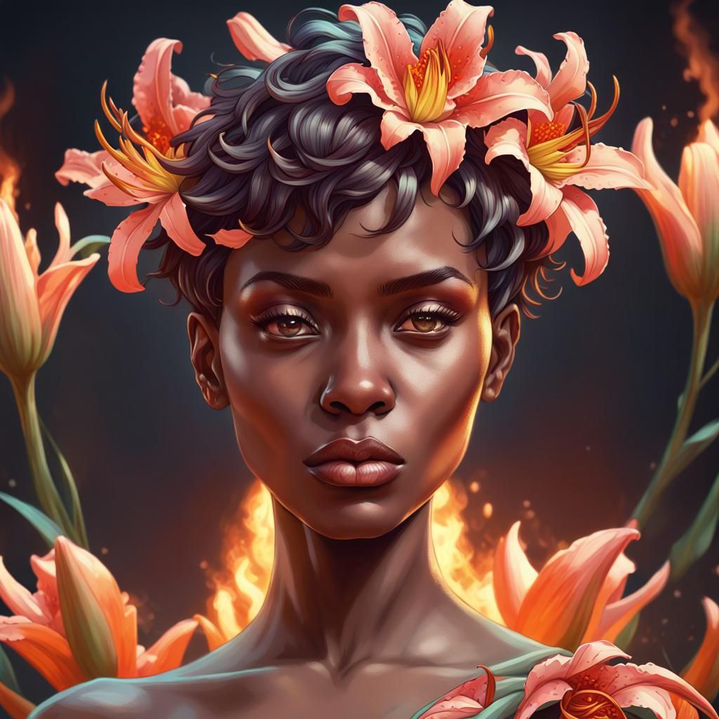 African Woman with Fire Lilies: Hyperdetailed Portrait