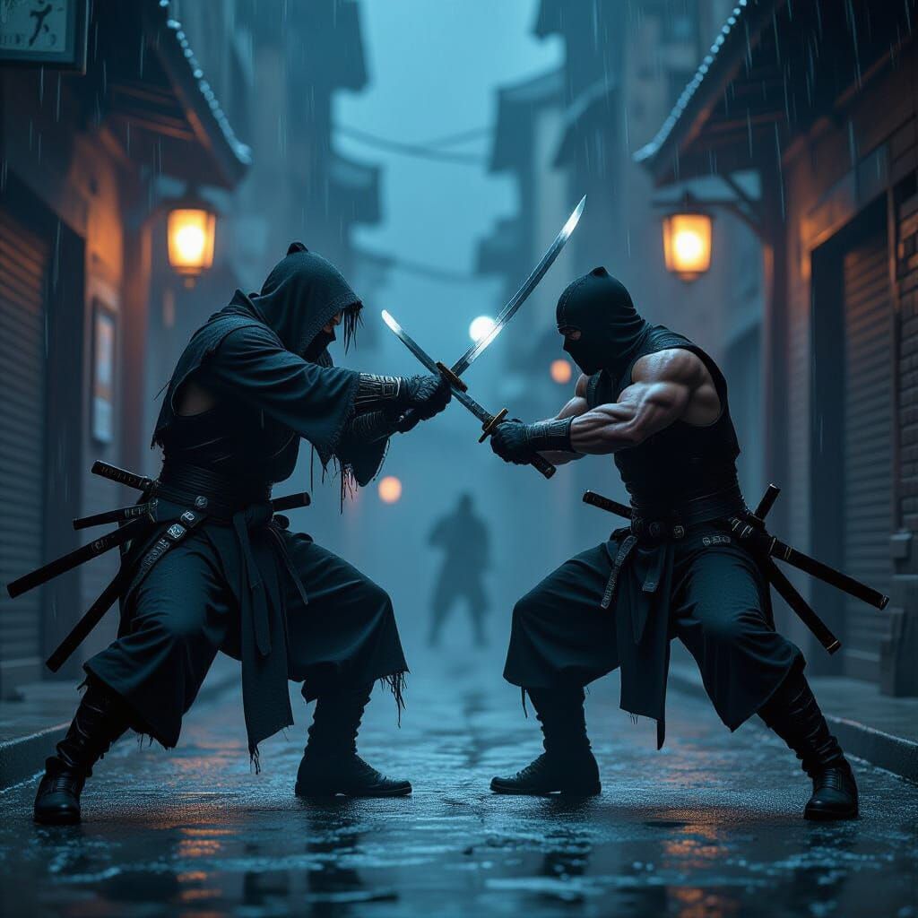 Rain-Soaked Katana Duel in Dark Realism Style