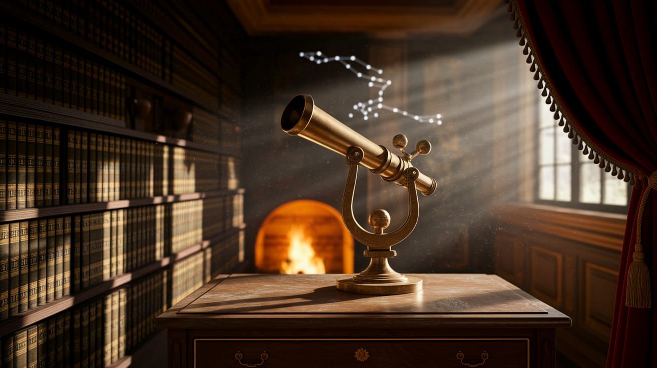 Antique Telescope in Opulent Study, Vintage Photograph