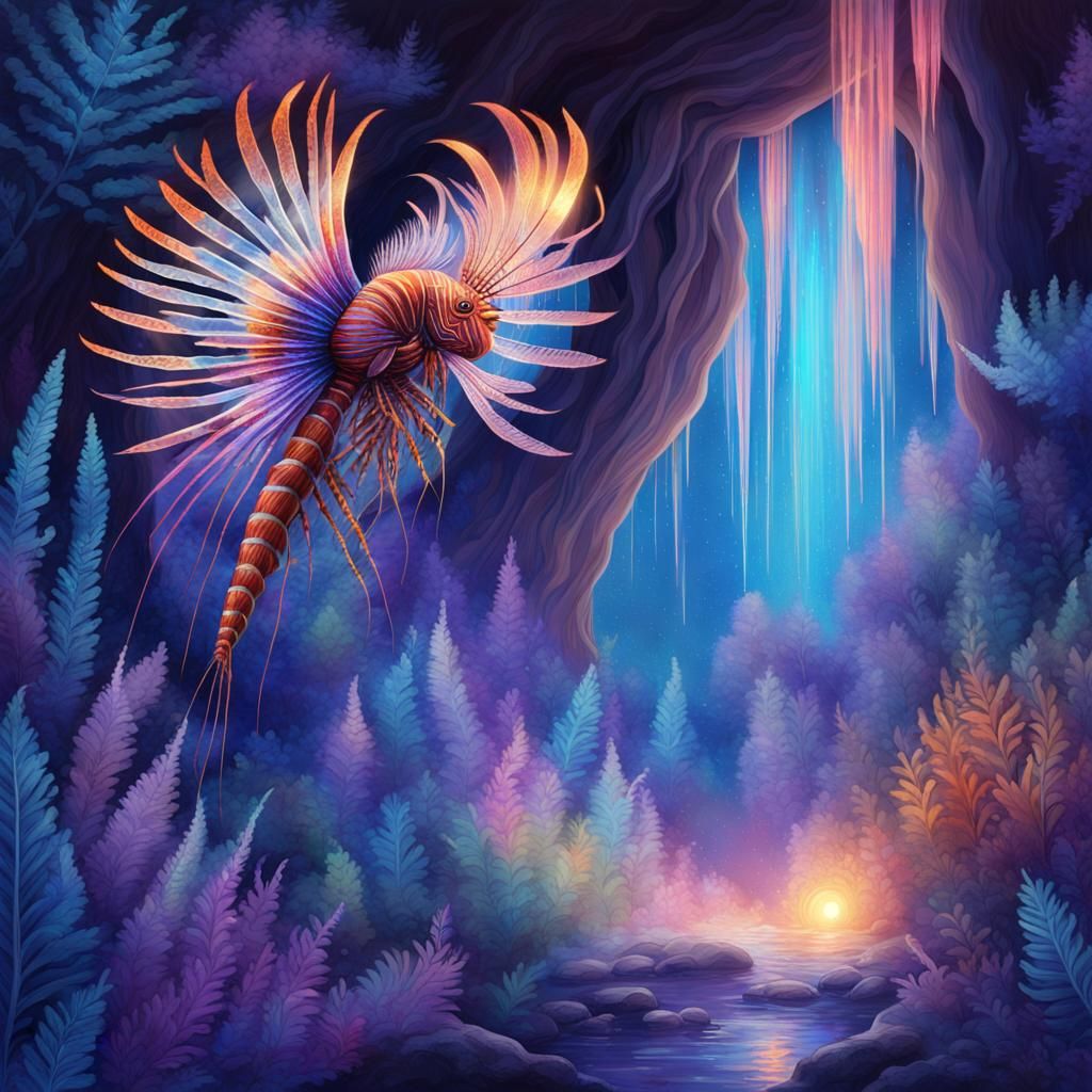 Glowing Crystal Cavern with Bioluminescent Life