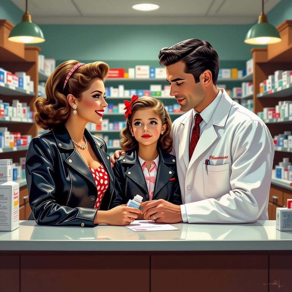 Pharmacist Helps Mother and Daughter in 1950s Attire