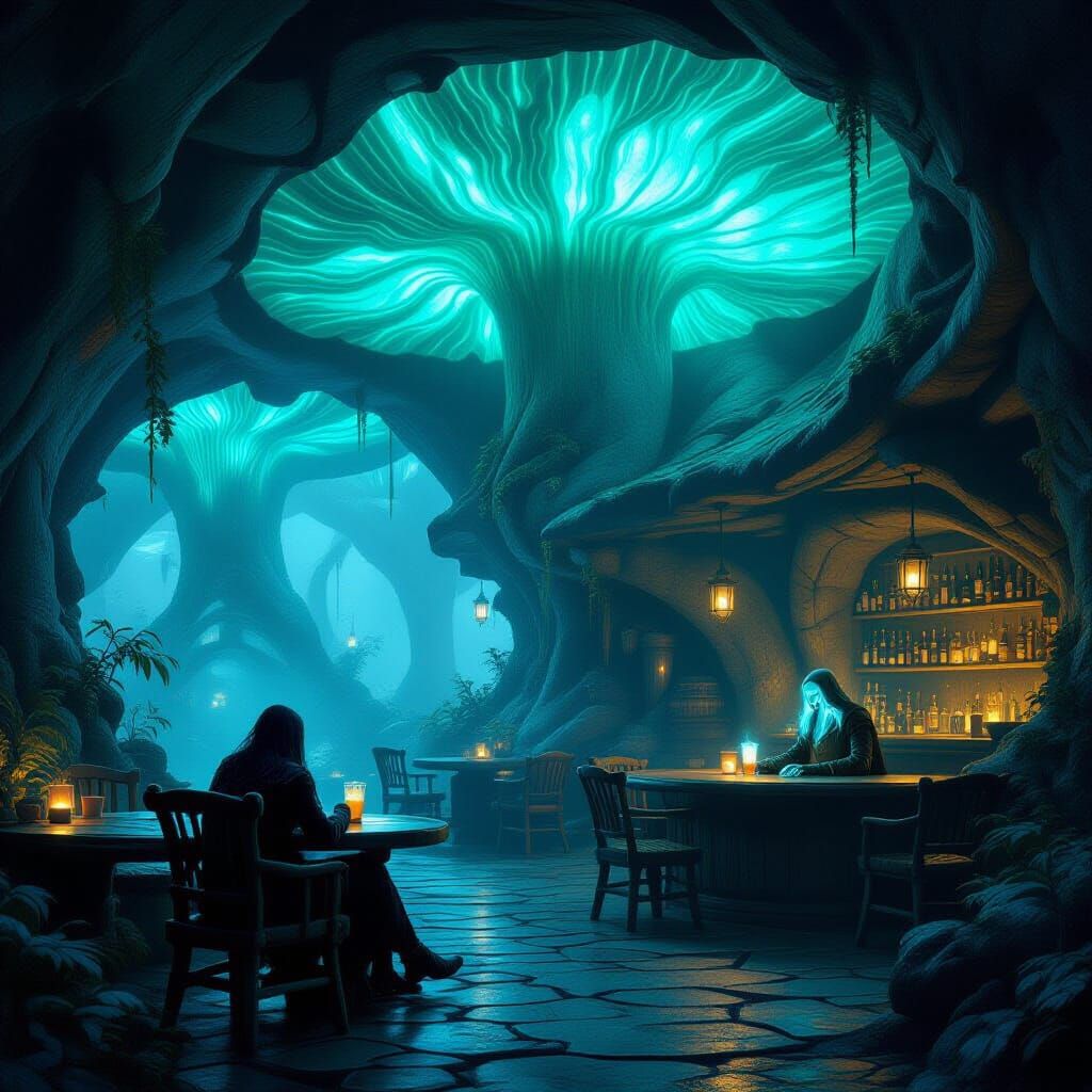 Traveler in Bioluminescent Mushroom Tavern