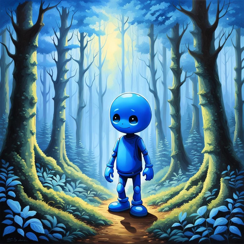 Little Blue Man Emerges from Light Blue Forest