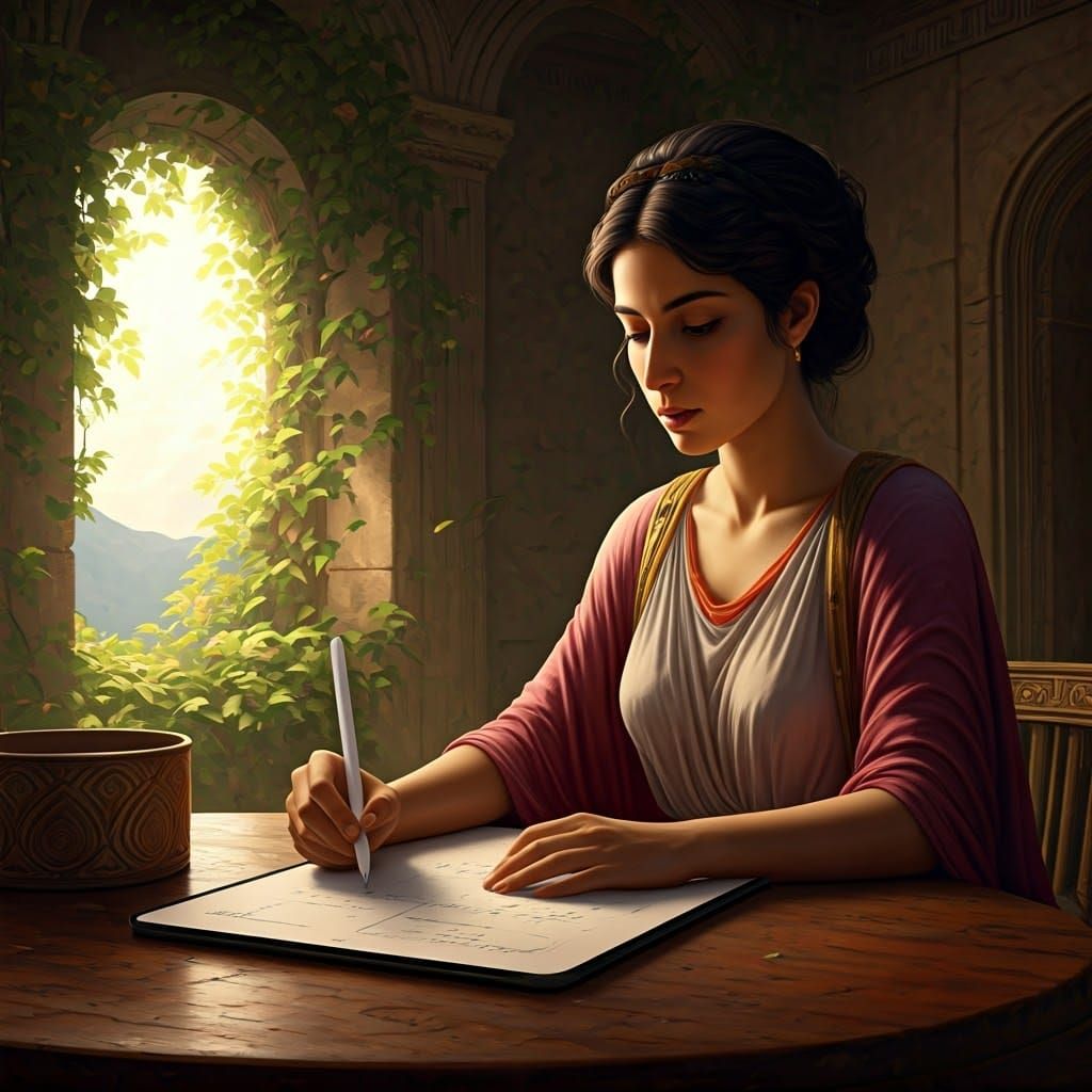 Sappho Writes on an iPad in Ancient Greece