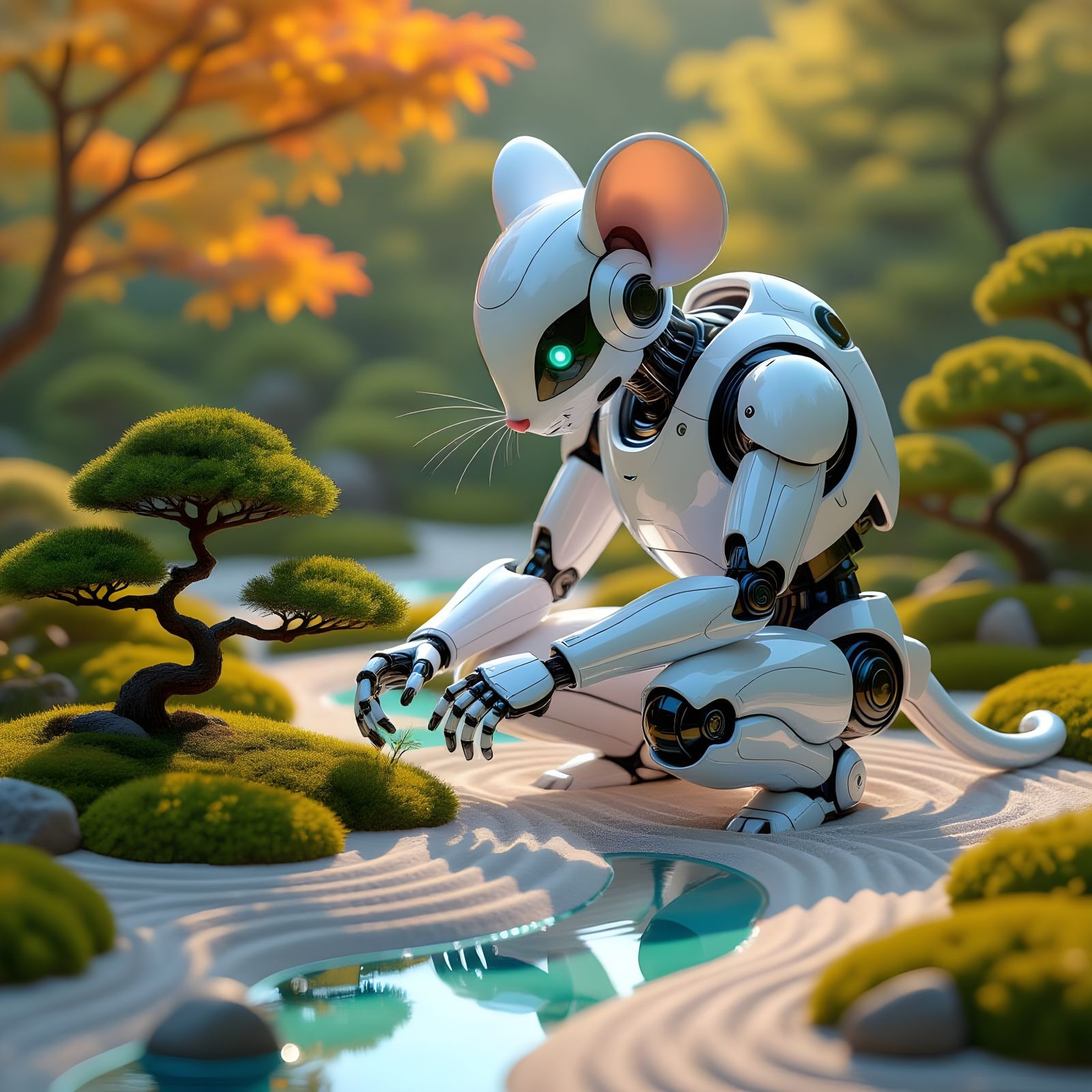 Giant Robot Mouse Pollinating Zen Garden in Autumn Sunlight