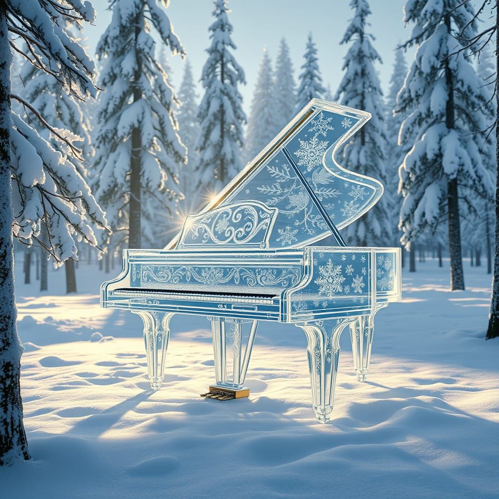 Glass Piano in Enchanted Winter Wonderland Scene