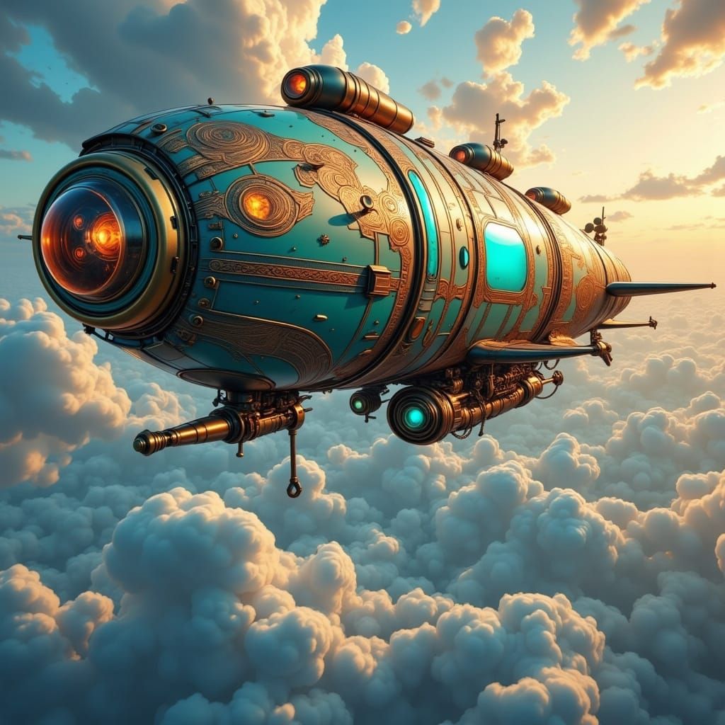 Steampunk Airship with Turquoise Accents in Art Nouveau Styl...