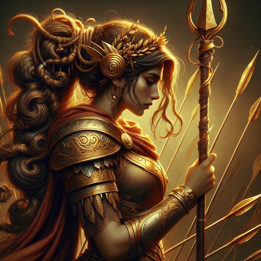 Athena Ready for the Hunt in Golden Armor
