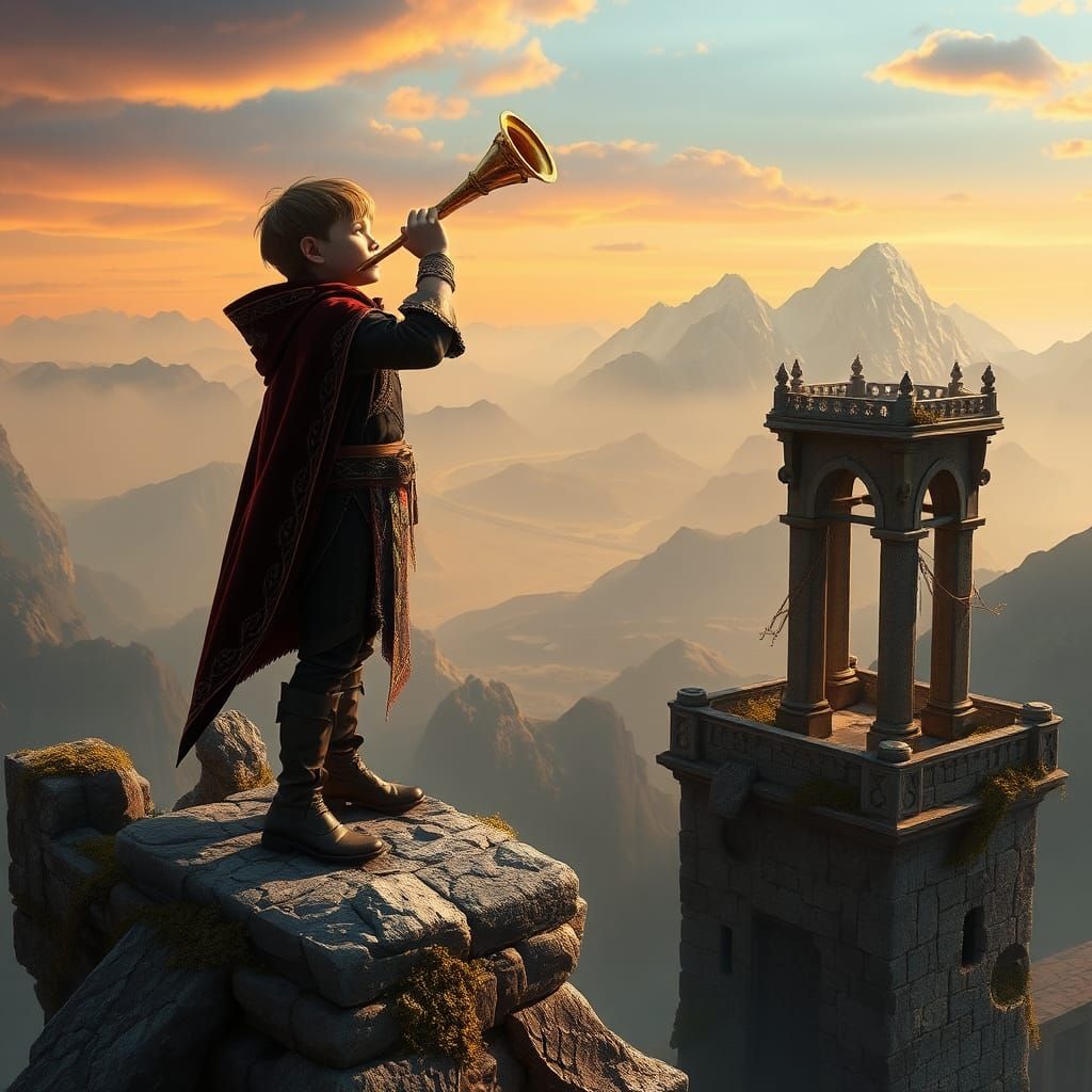 Boy on Stone Tower Plays Golden Bugle