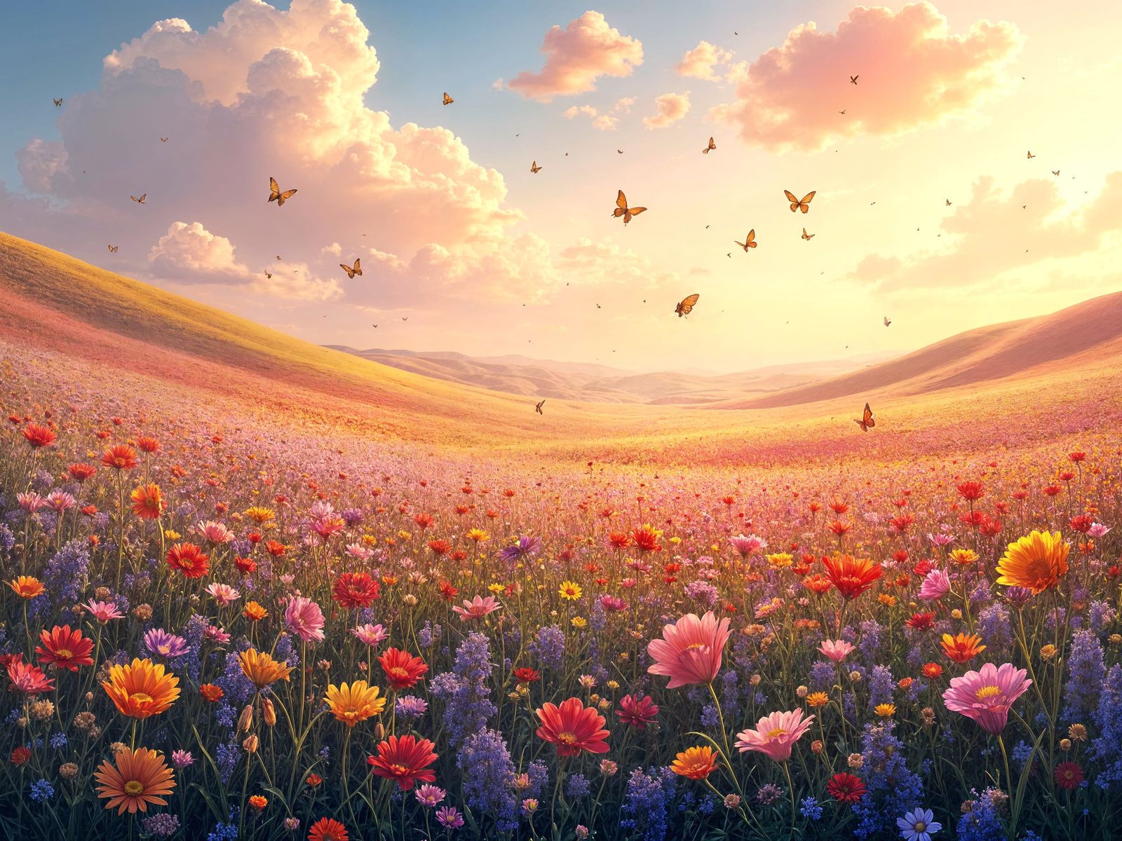 Vibrant Flower Field Landscape in Radiant Sunlight