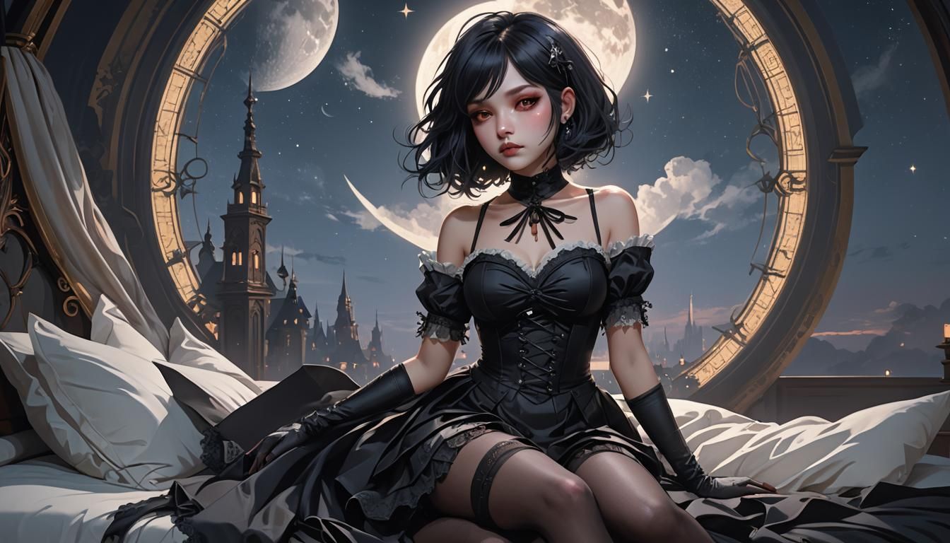 Goth Girl Kneeling Before a Giant Moon