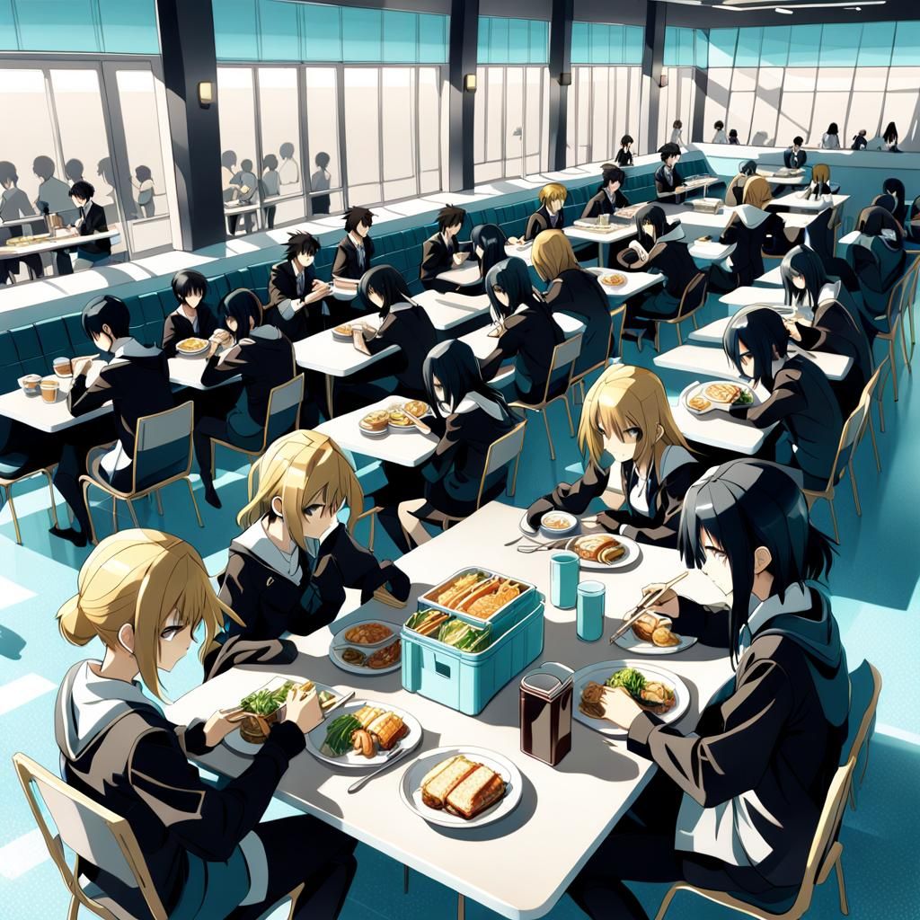 Surreal Scene Inside Luxury Aquamarine Academy Cafeteria