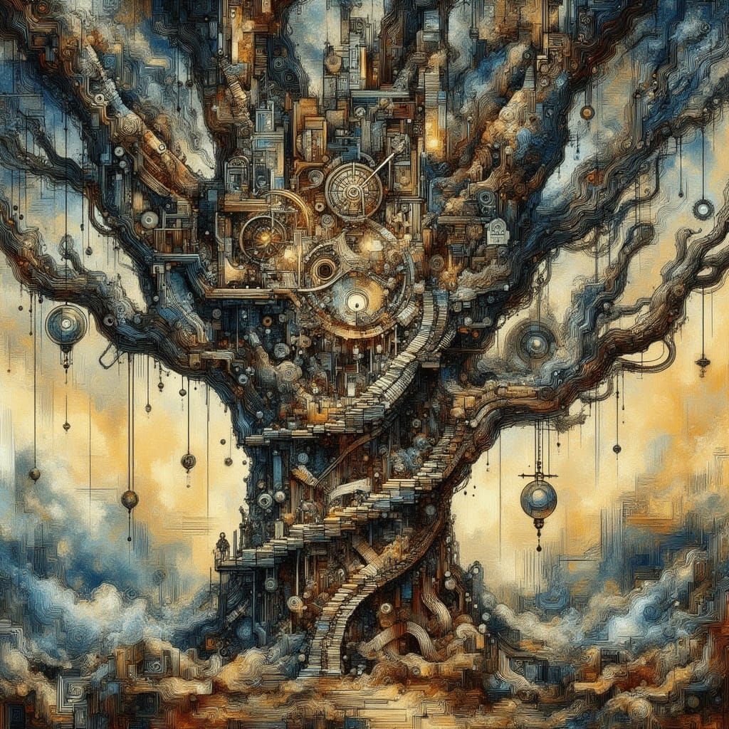 Steampunk City Inside Ancient Tree Cross-Section