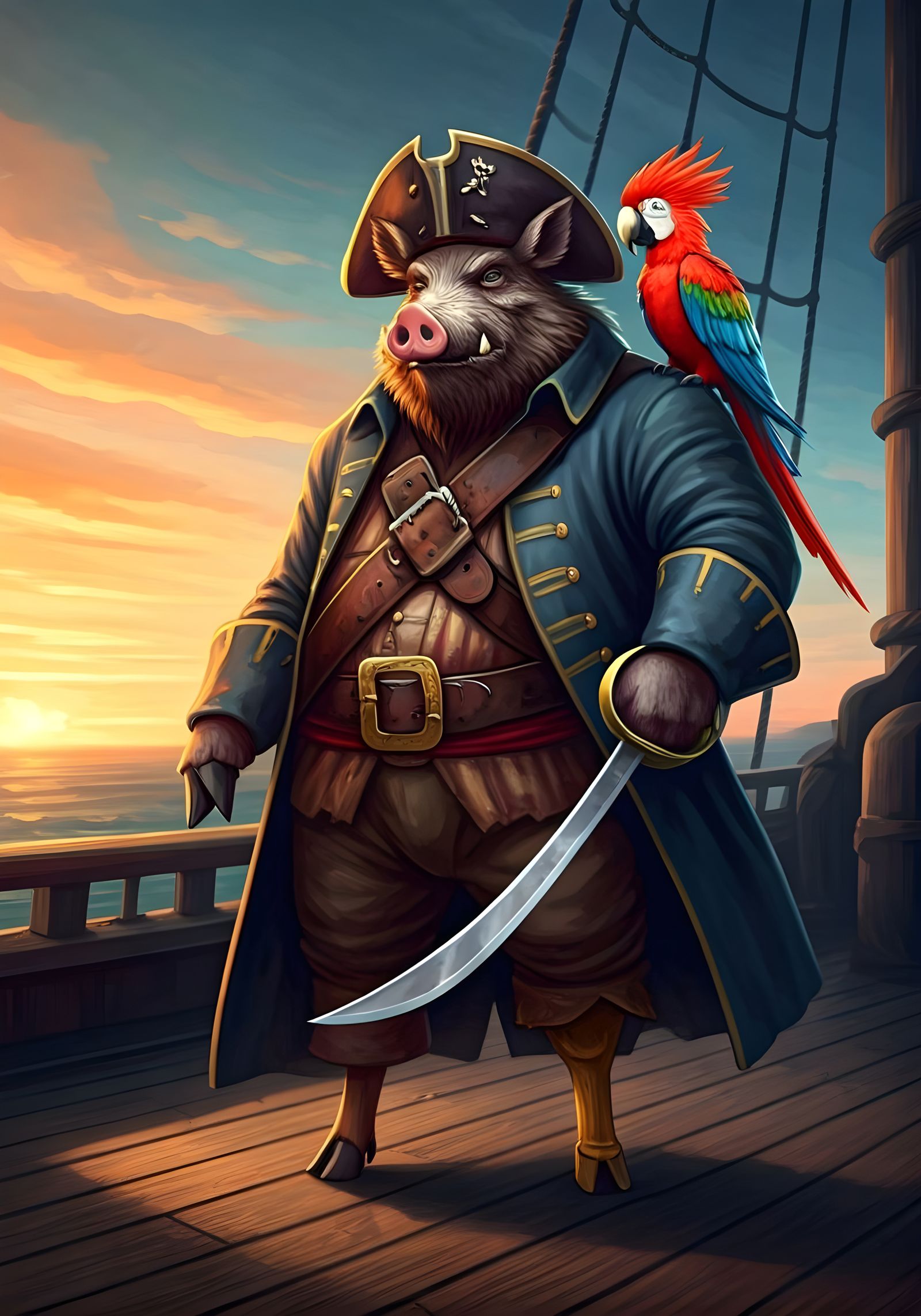 Anthropomorphic Wild Boar Pirate Captain on Ship