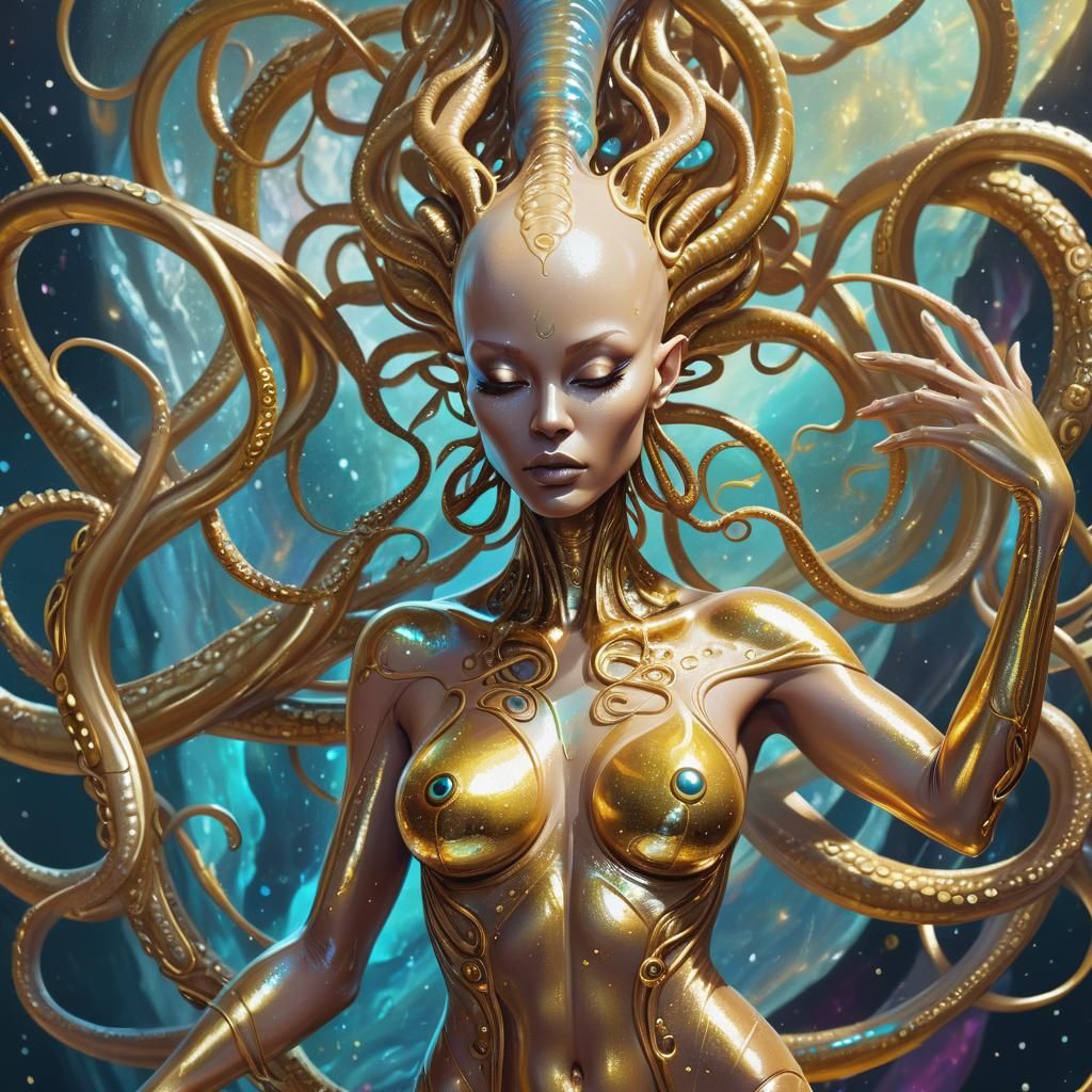 Golden Alien Goddess with Tentacle Arms