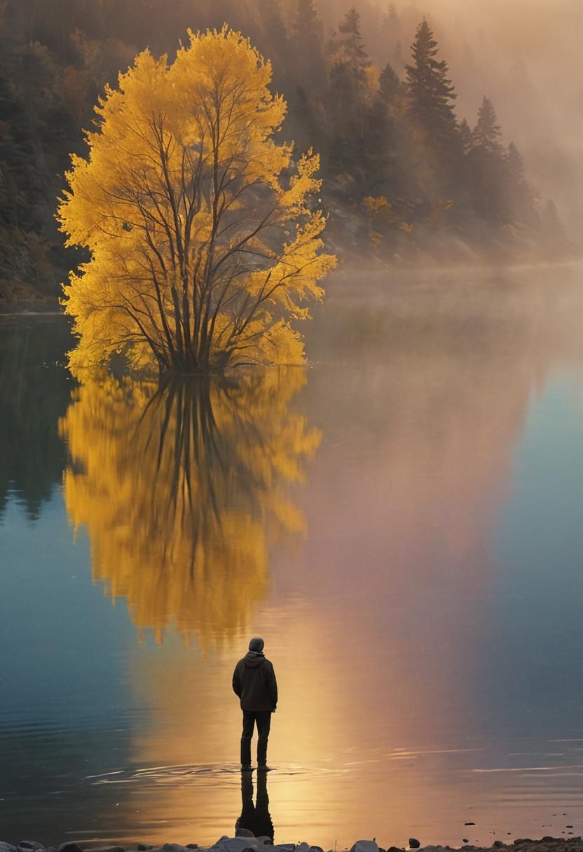 Serene Lakeside Scene in Dreamlike Landscape