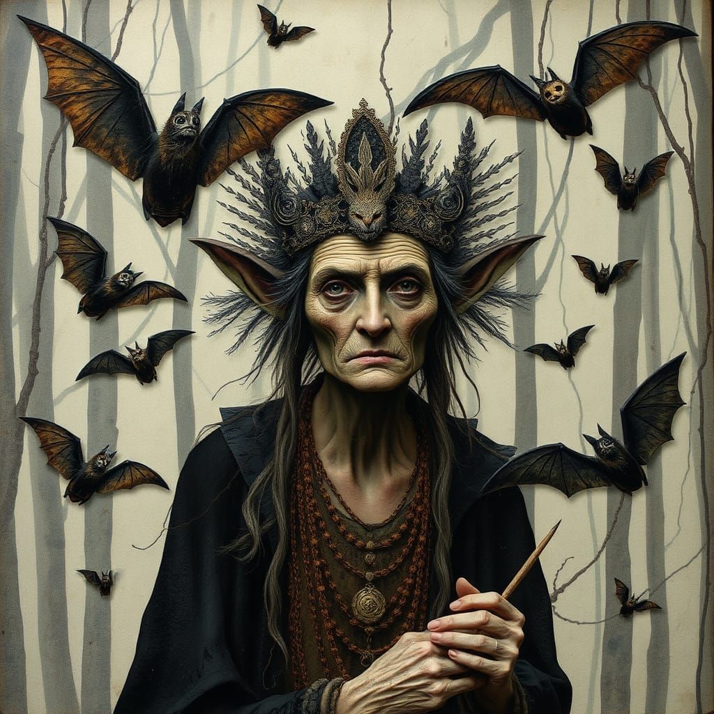 Elder Witch Performing Elemental Rituals as Collage