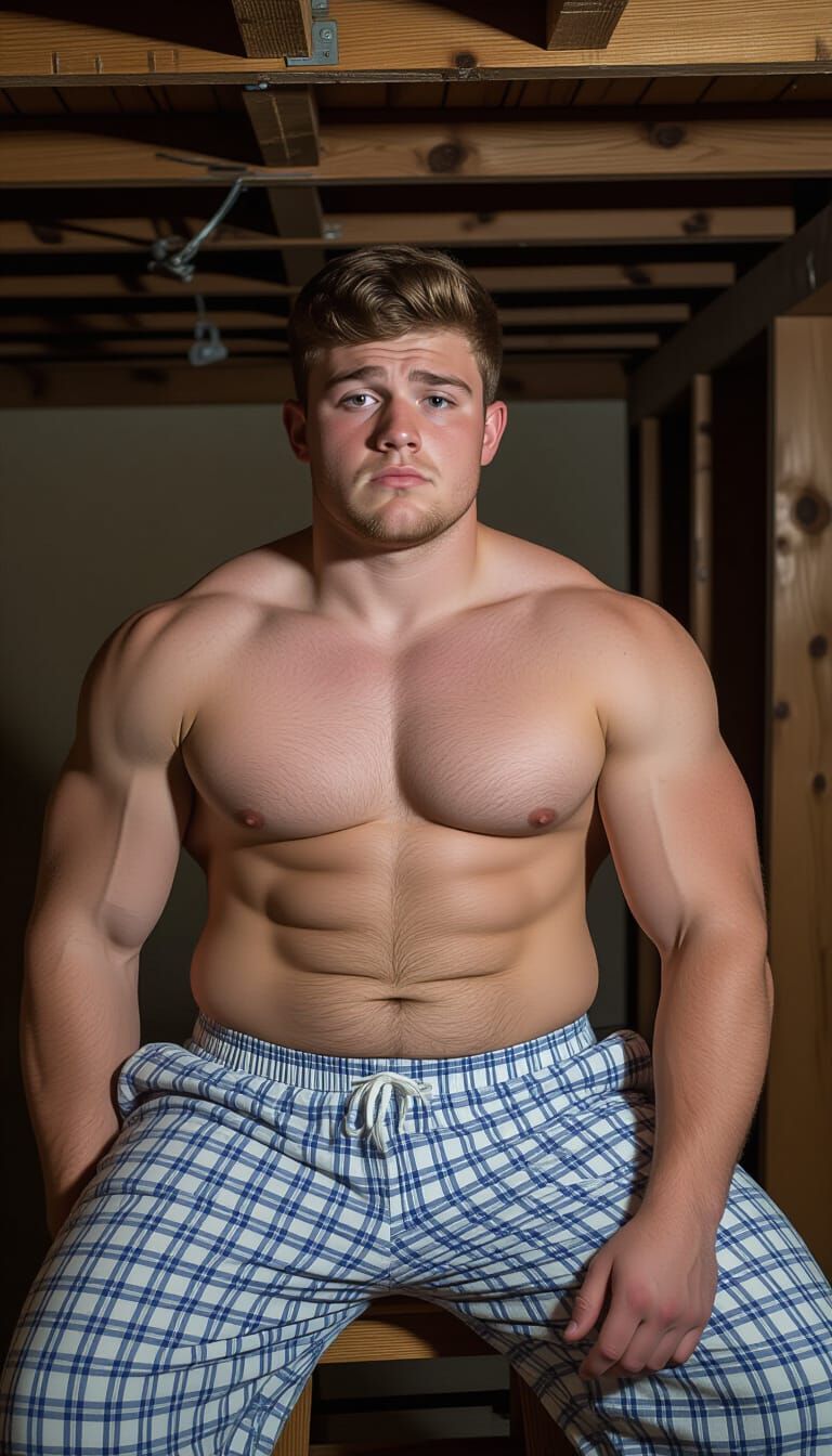 Frightened Young Man in Pajamas in Basement