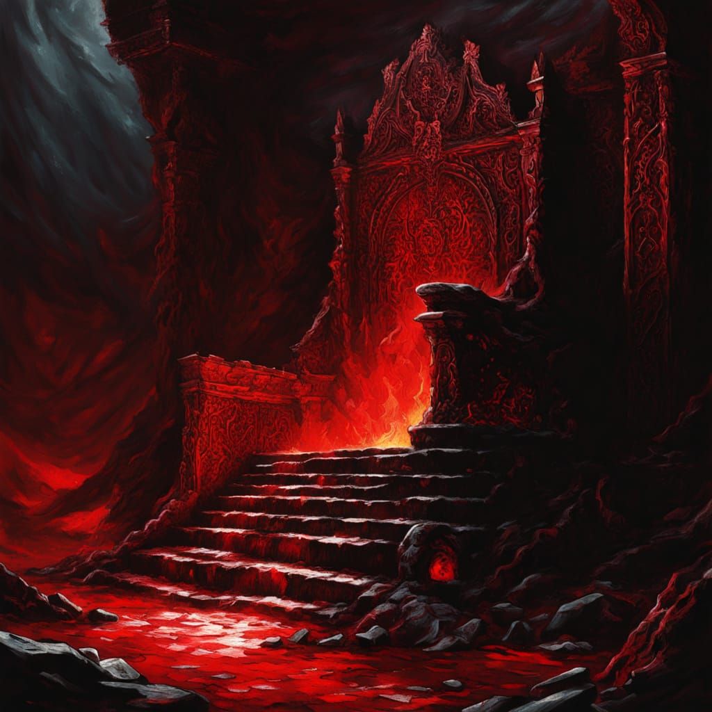 Fallen Throne Sinks in Crimson Essence: Dark Fantasy Art
