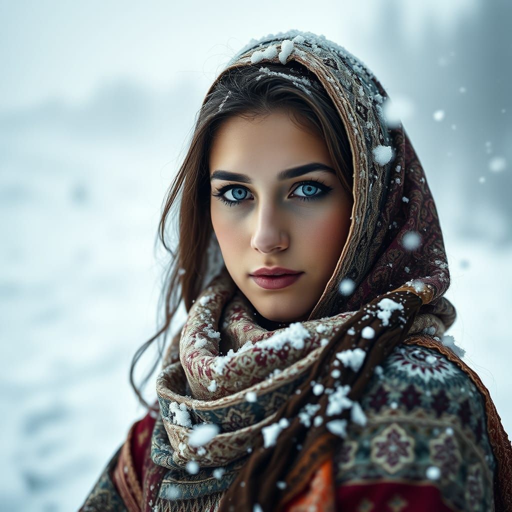 Ethereal Kashmiri Beauty in Snowy Serenity