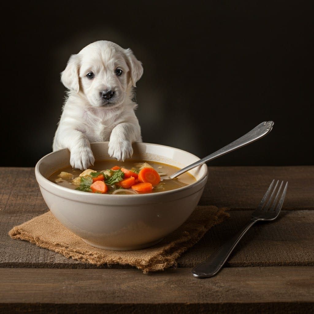 Bowl of Soup with Puppy and Fork