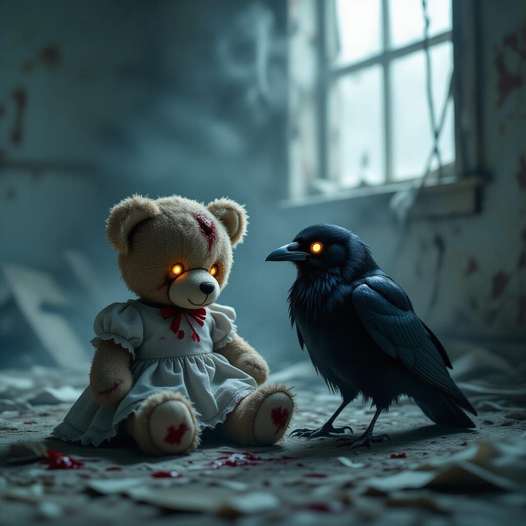 Haunting Duo: Teddy Bear & Crow in Abandoned Room