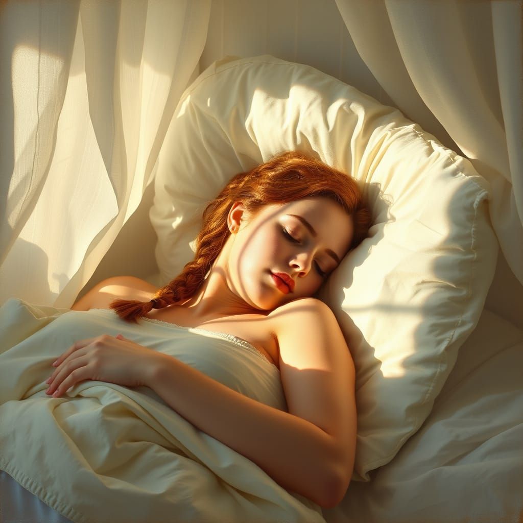 Woman Sleeping Peacefully in Sunlit Bed