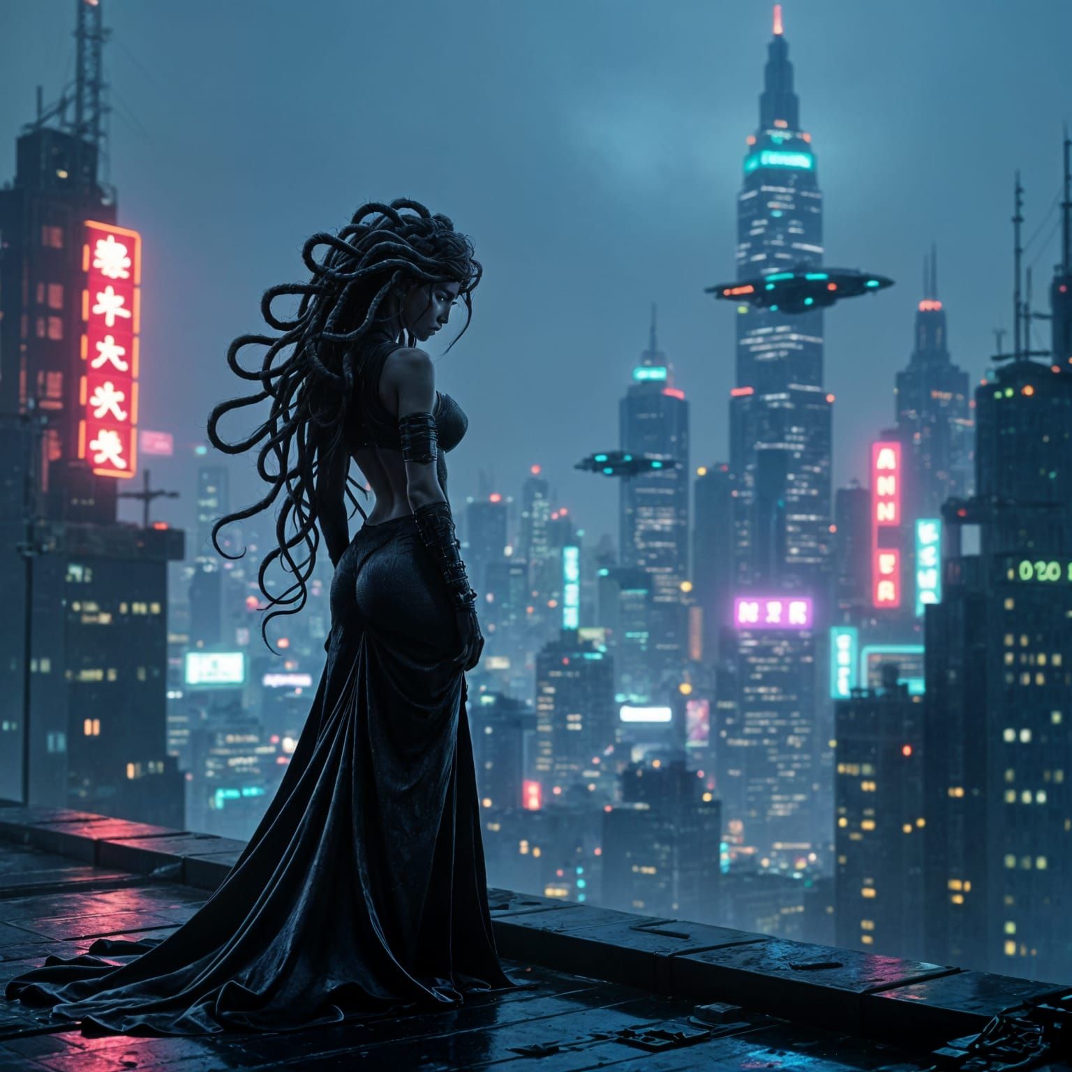 Medusa Overlooks Cyberpunk Metropolis at Night