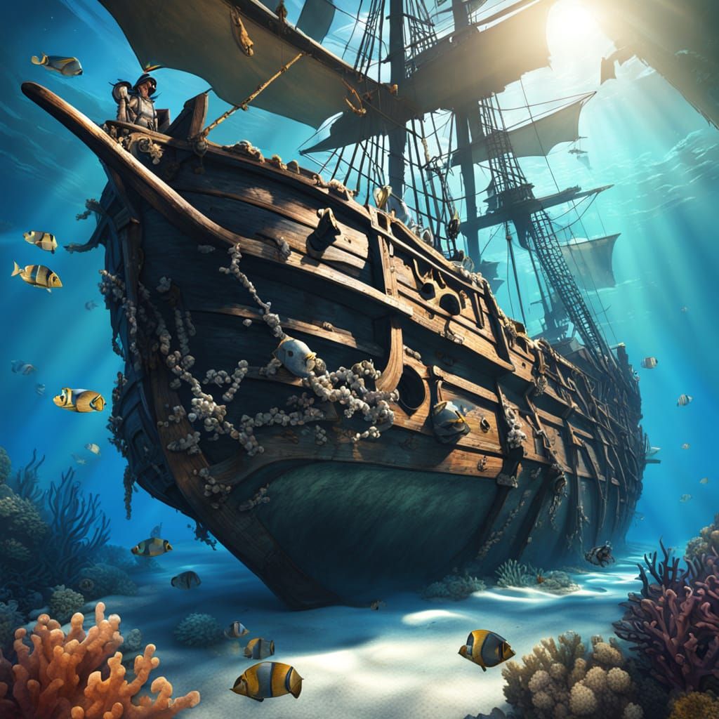 Sunken Pirate Ship Underwater: Vivid Digital Art